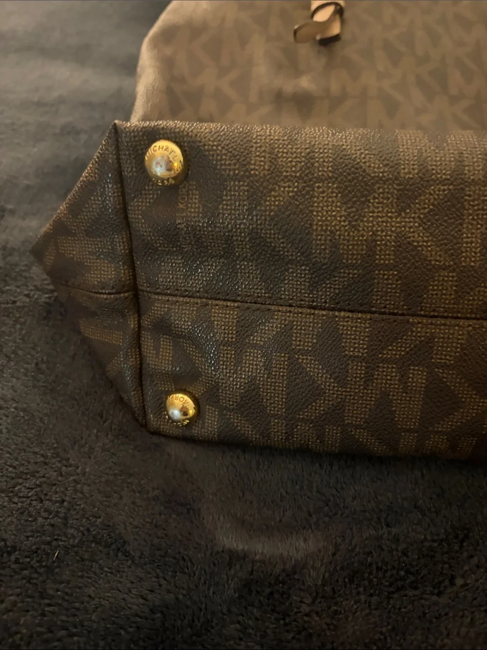 Michael Kors Brown MK Signature Tote with Pale Pink Handles and Gold Charm